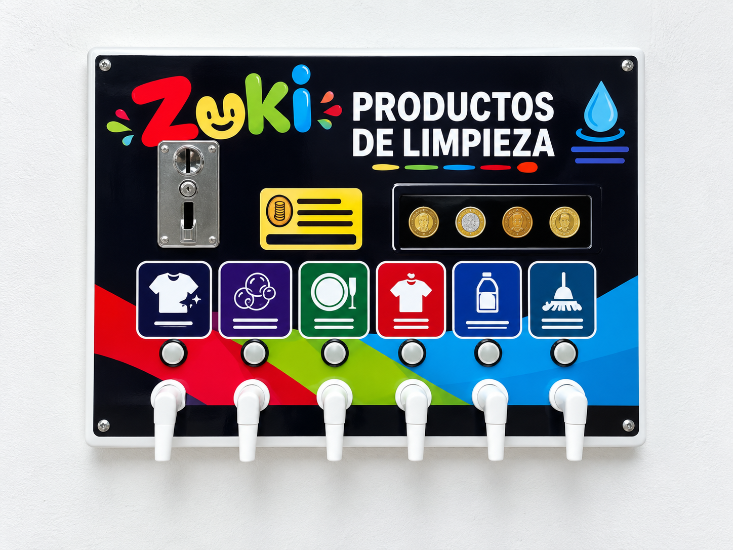 Referencia editada del panel Zuki para productos de limpieza con seis dispensadores
