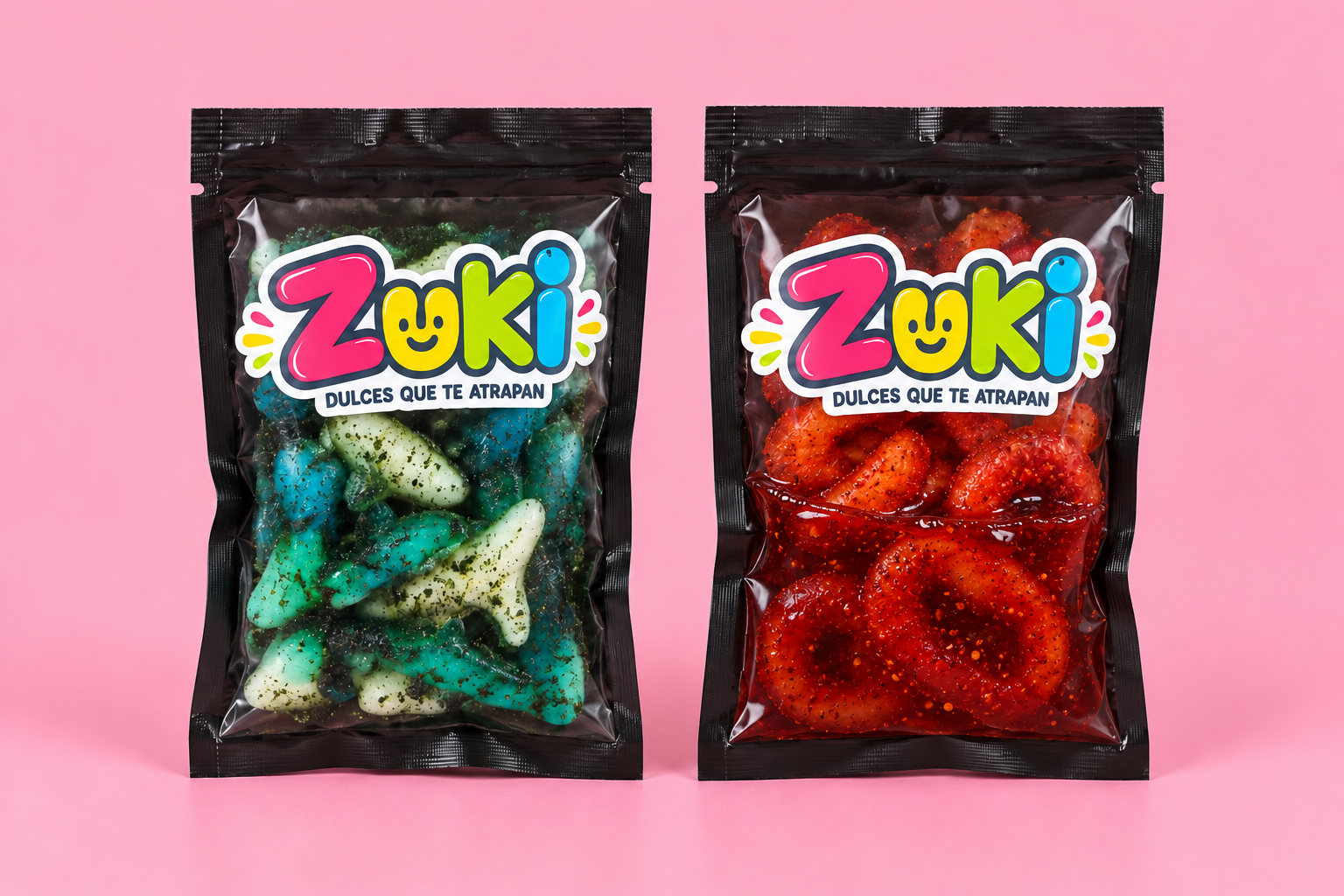 Bolsitas Zuki de gomitas azules y rojas; las rojas con salsita acumulada en el fondo
